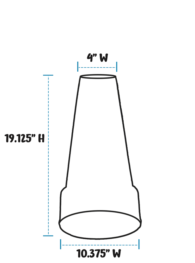 A simple line drawing of a birdbath pedestal with dimension labels: 4 inches wide at the top, 19.125 inches tall, and 10.