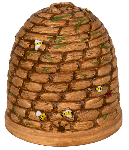 A beige garden sculpture resembling a woven bee hive with small bee figures on top.