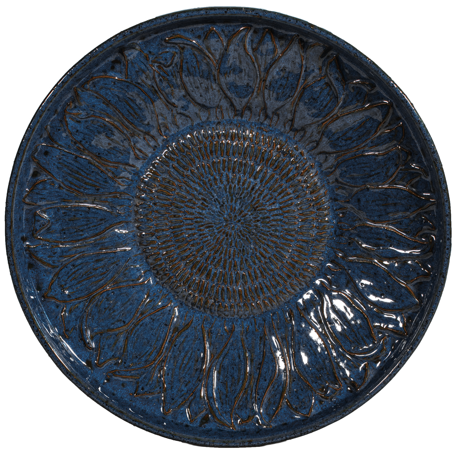 Round blue ceramic plate with sunflower design on a white background