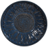 Round blue ceramic plate with sunflower design on a white background