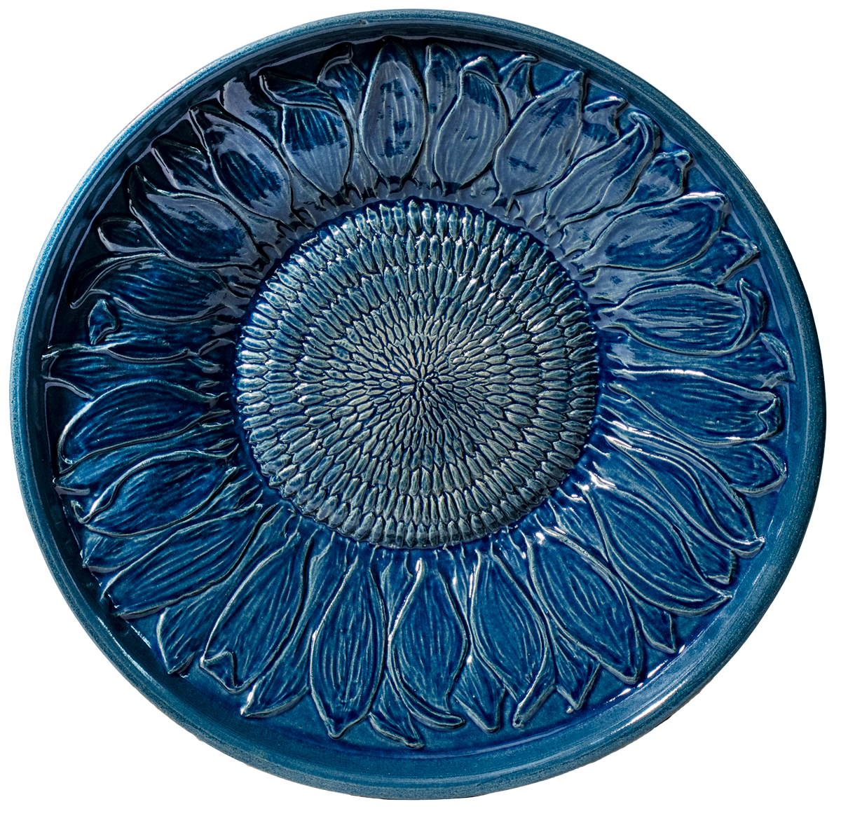 Ceramic sunflower birdbath top in blue glaze