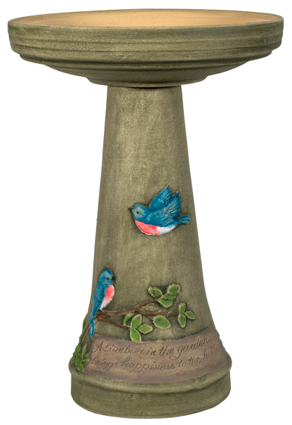 Decorative bird bath with bird designs on a white background