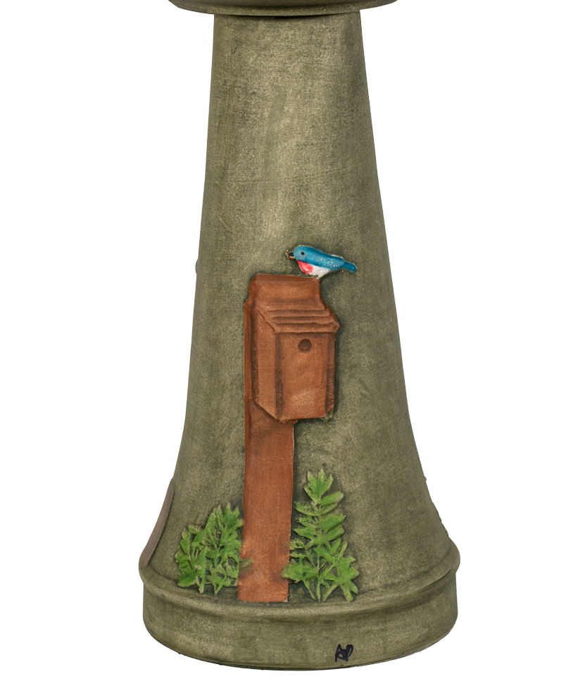 Decorative bird bath with mailbox and bird design on a white background