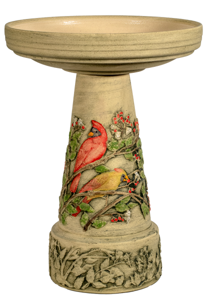 Decorative cardinal bird bath with male and female cardinal designs on a white background