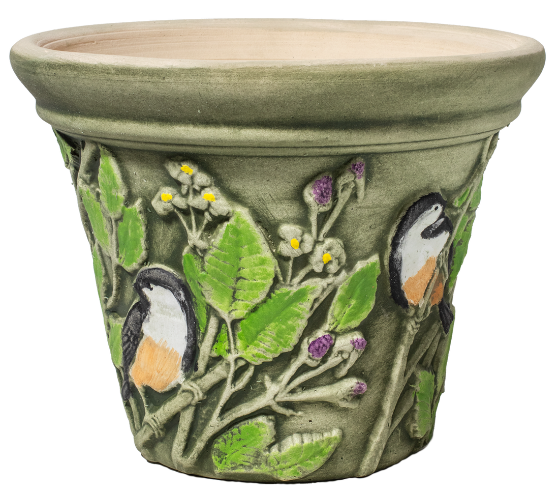 10&quot; ceramic planter hand painted with chickadee birds green leaves and purple berries