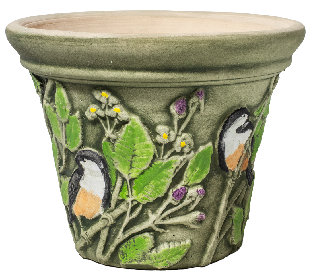 10" ceramic planter hand painted with chickadee birds green leaves and purple berries