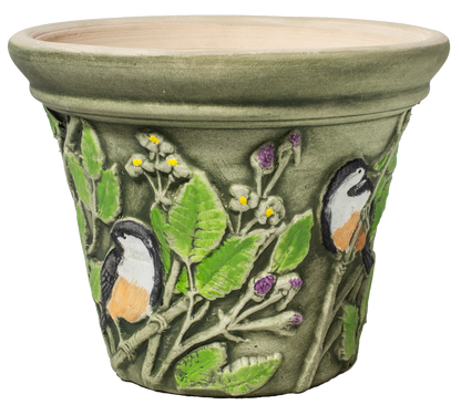 10&quot; ceramic planter hand painted with chickadee birds green leaves and purple berries
