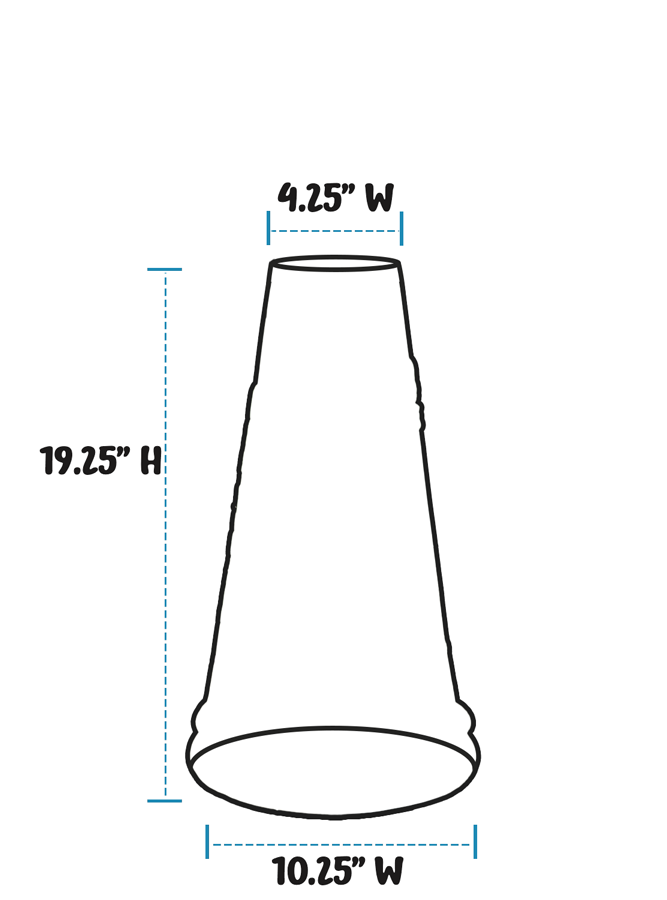 A simple line drawing of a birdbath pedestal with blue dashed dimension arrows and text showing width measurements at the top and bottom and a height of 19.25 inches on a white background.