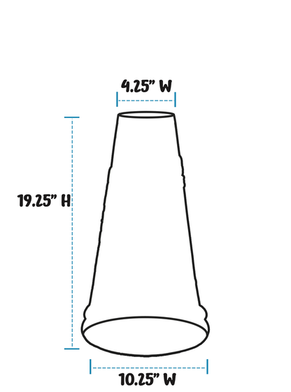 A simple line drawing of a birdbath pedestal with blue dashed dimension arrows and text showing width measurements at the top and bottom and a height of 19.25 inches on a white background.