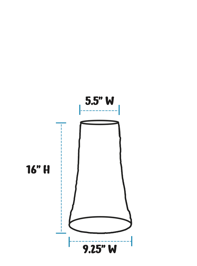 A simple line drawing of a birdbath pedestal with dimension labels showing 16 inches height, 5.5 inches top width, and 9.