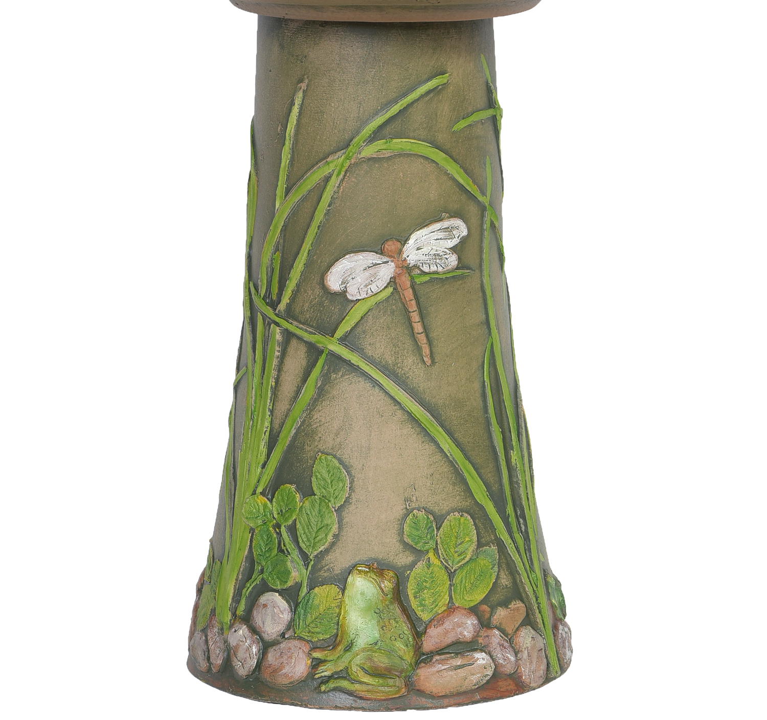 brown aged birdbath pedestal with hand painted tall grasses and dragon flys and toads