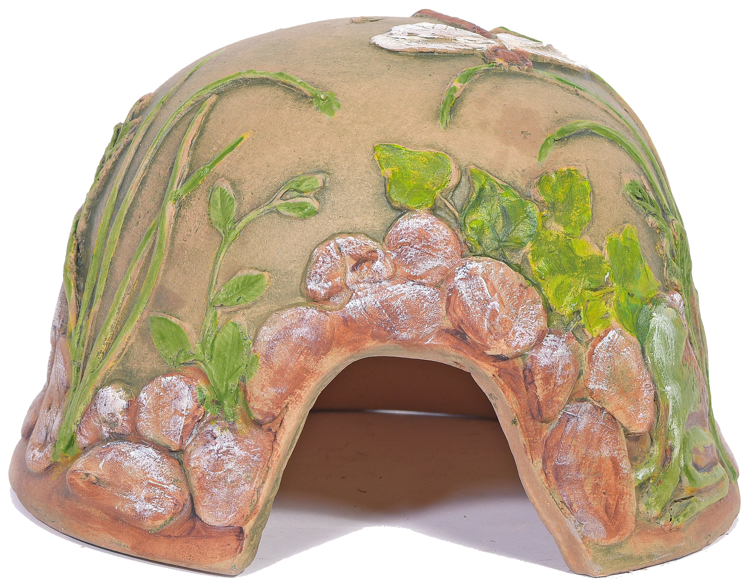 rounded small ceramic hut with hand painted river stones and dragon flies and grasses