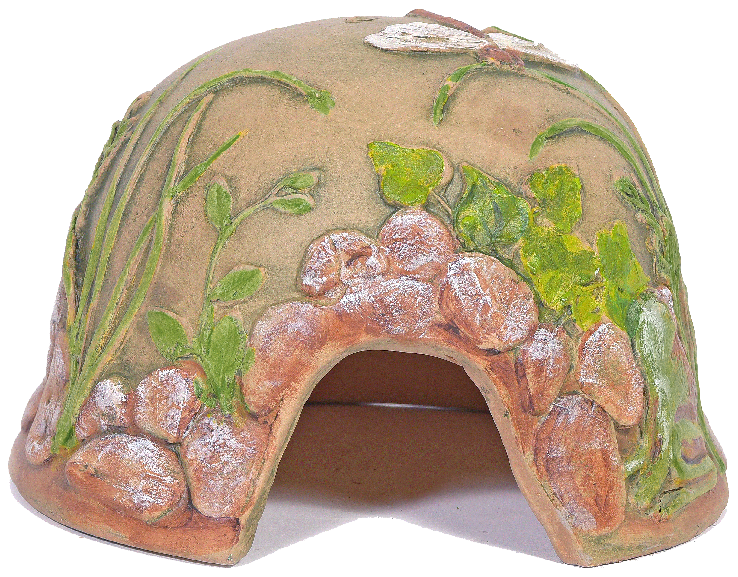 rounded small ceramic hut with hand painted river stones and dragon flies and grasses