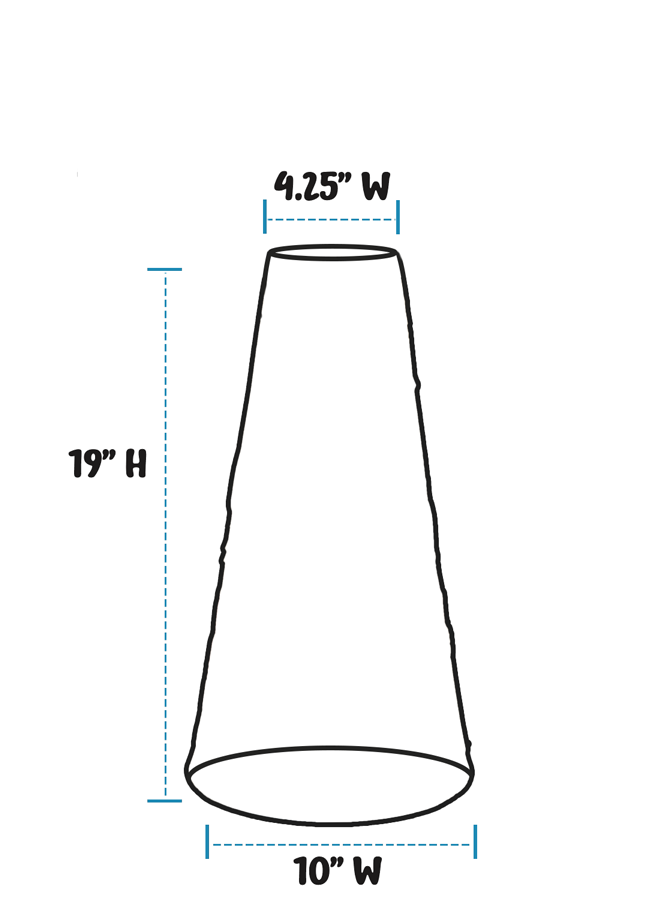 A simple line drawing of a birdbath pedestal on a white background, with dashed measurement lines and text showing 19 inches height and 4.25 inches width at the top, plus 10 inches width at the bottom.