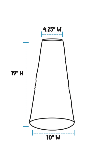 A simple line drawing of a birdbath pedestal on a white background, with dashed measurement lines and text showing 19 inches height and 4.25 inches width at the top, plus 10 inches width at the bottom.