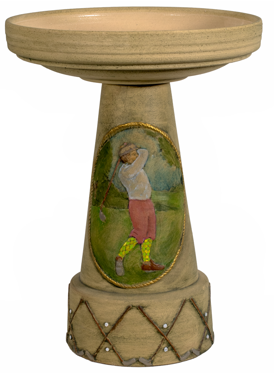 Decorative bird bath with a golf-themed design on a white background