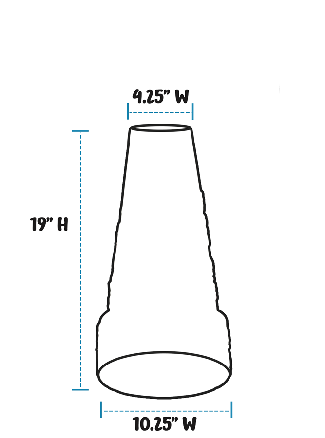 A simple line drawing of a birdbath pedestal with dimension labels: 4.25" width at the top, 19" height, and 10.
