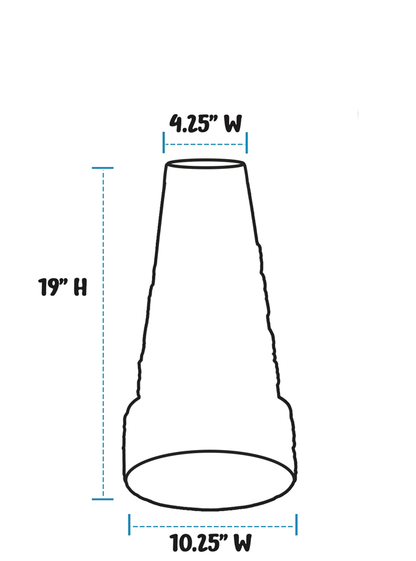A simple line drawing of a birdbath pedestal with dimension labels: 4.25" width at the top, 19" height, and 10.
