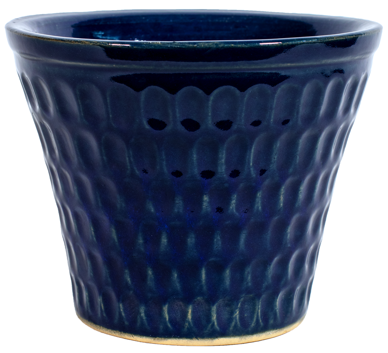 Blue textured ceramic pot on a white background