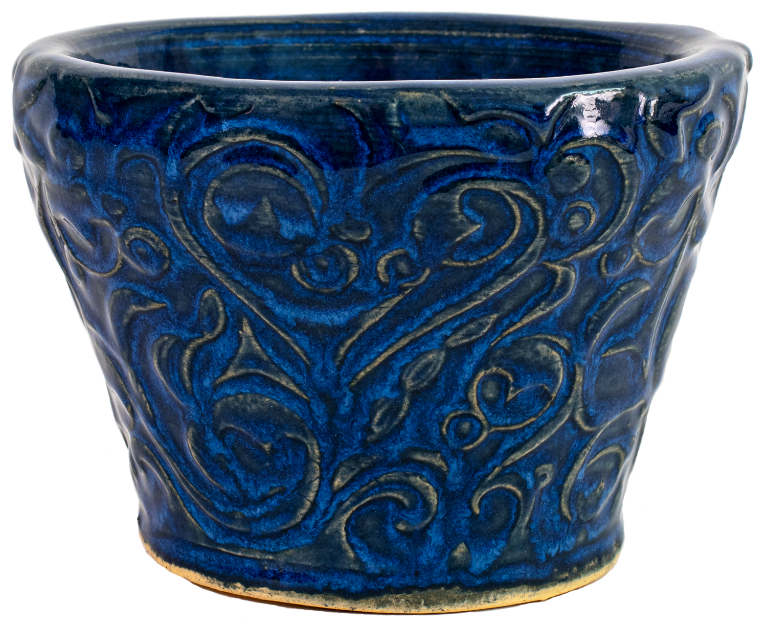 small ceramic planters in blue glaze with swirl design