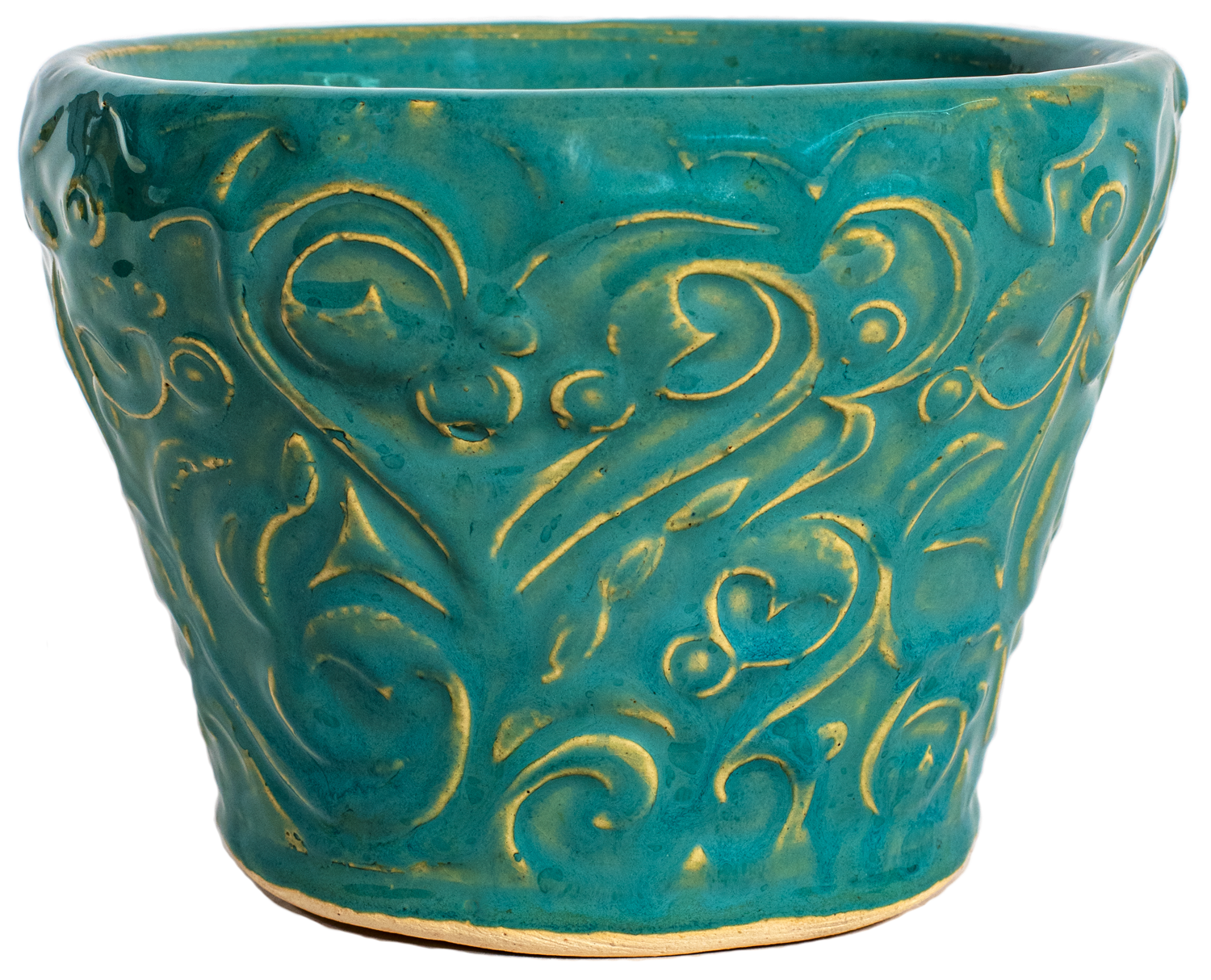 small ceramic planters in turquoise glaze with swirl design