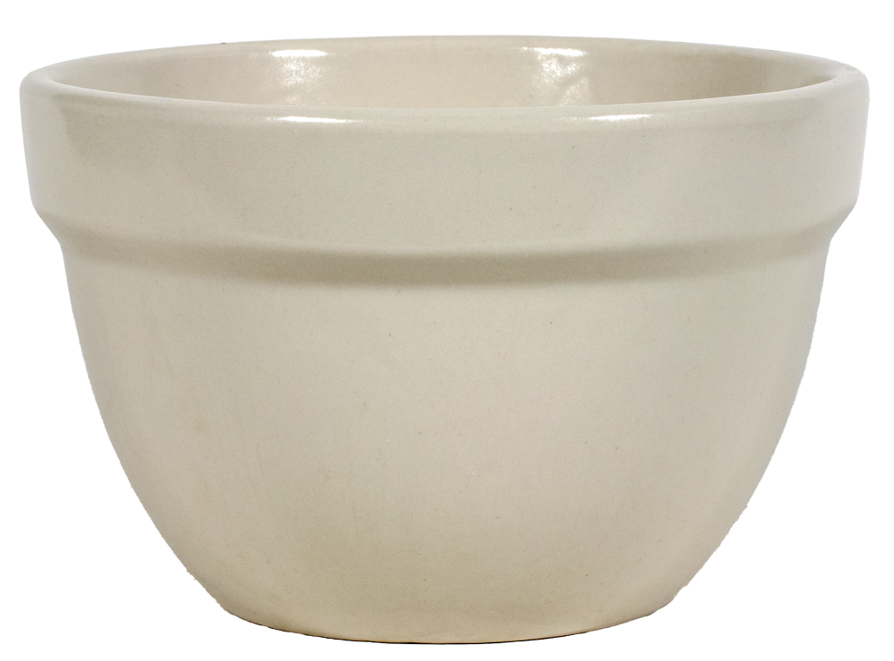Beige ceramic kitchen mixing bowl on a white background