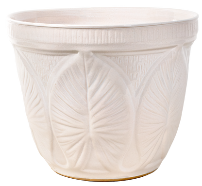 A white ceramic planter pot featuring embossed leaf patterns on the front, shown against a plain white background.