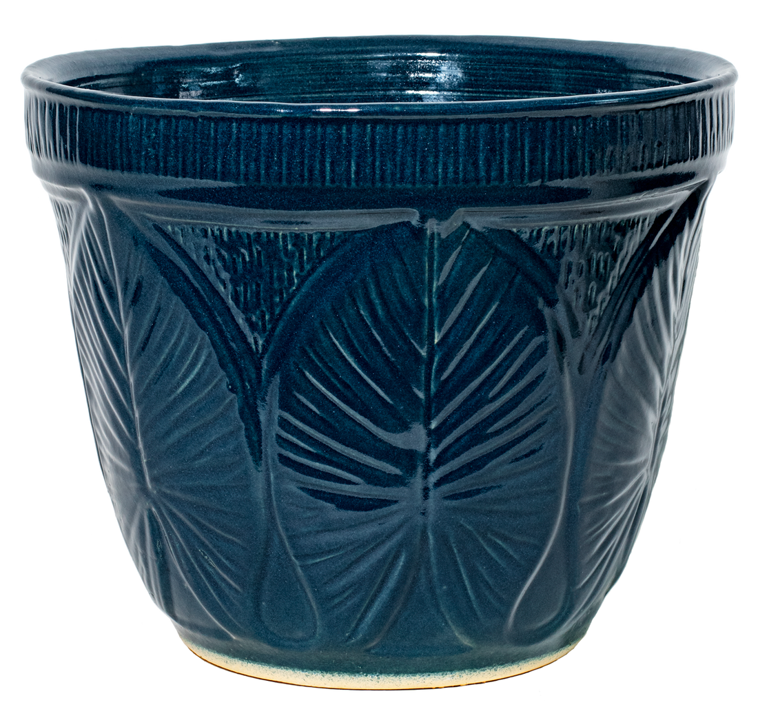 Large outdoor patio planter in blue glaze with leaf design