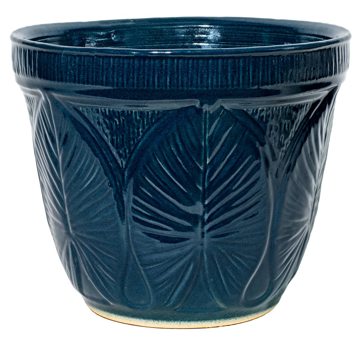Large outdoor patio planter in blue glaze with leaf design