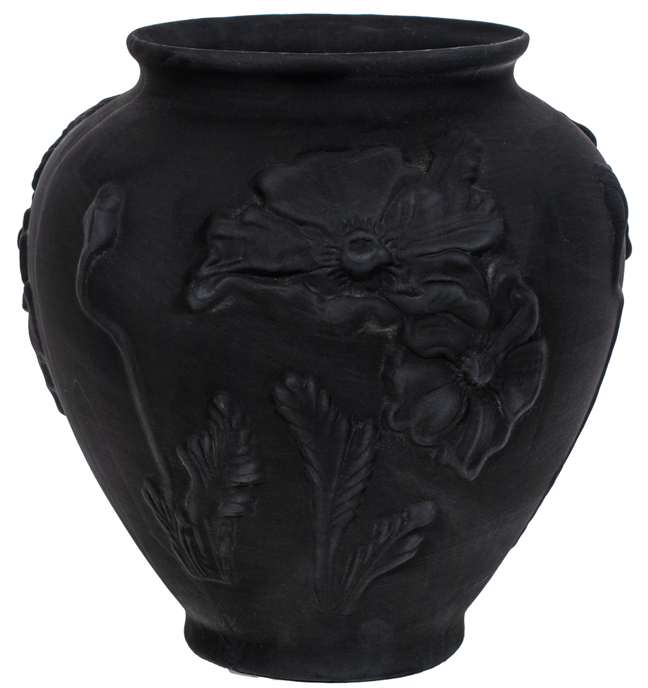 Vintage Tiffin black vase with floral embossing on a white background
