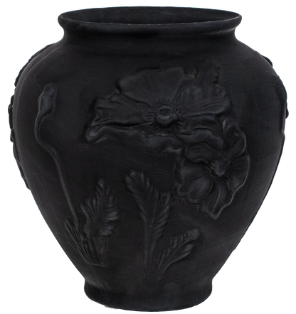 Vintage Tiffin black vase with floral embossing on a white background