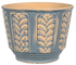 A round ceramic planter pot with a textured blue-gray exterior featuring embossed vertical leafy patterns and a natural beige interior.