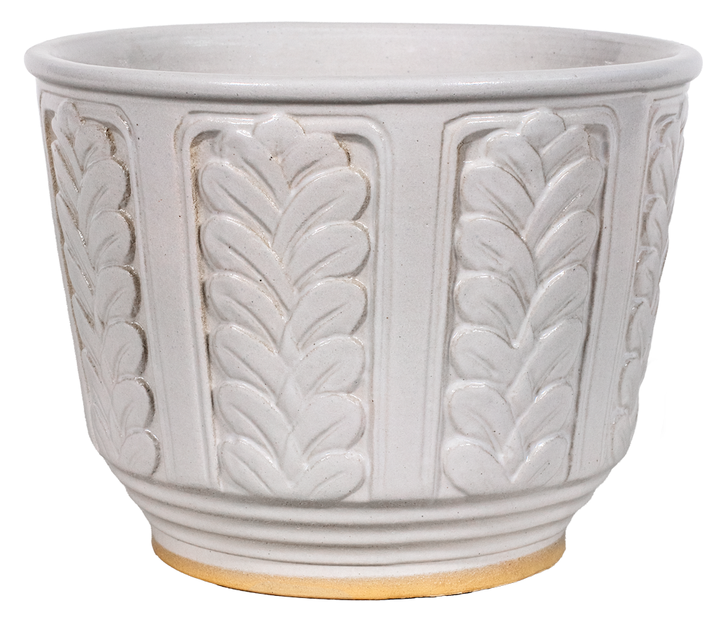 A light gray glazed ceramic planter pot with a textured vertical leaf pattern and a natural tan clay base, shown against a plain white background.