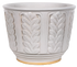 A light gray glazed ceramic planter pot with a textured vertical leaf pattern and a natural tan clay base, shown against a plain white background.