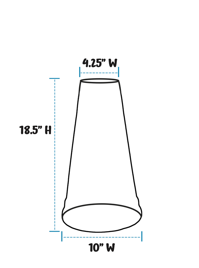 A simple line drawing of a Birdbath Pedestal with dimension labels showing 18.5 inches height, 10 inches width at the base, and 4.