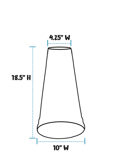 A simple line drawing of a Birdbath Pedestal with dimension labels showing 18.5 inches height, 10 inches width at the base, and 4.
