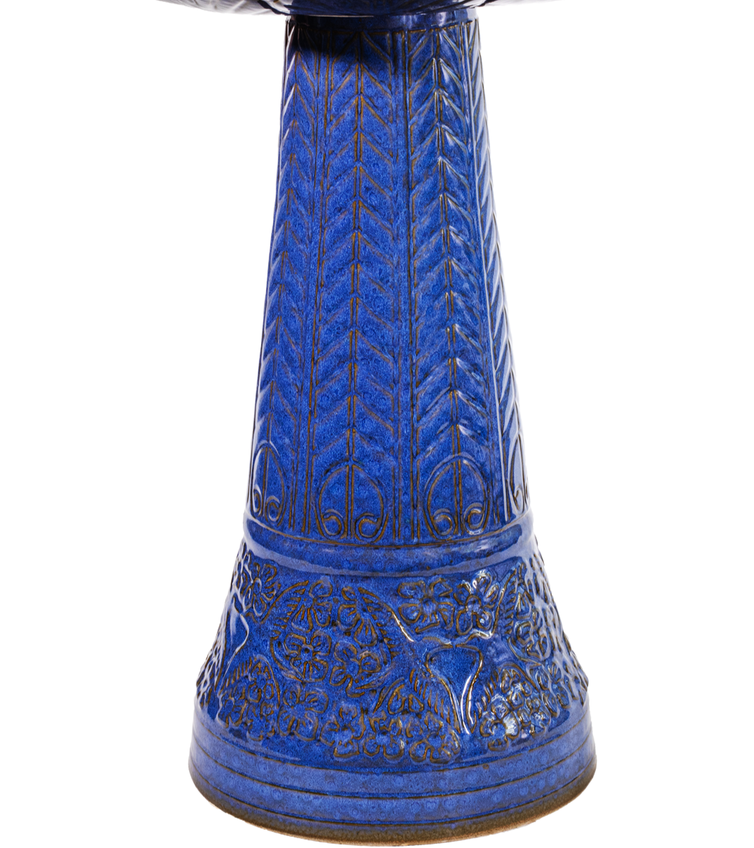 ceramic blue birdbath pedestal with birds flowers and a chevron design