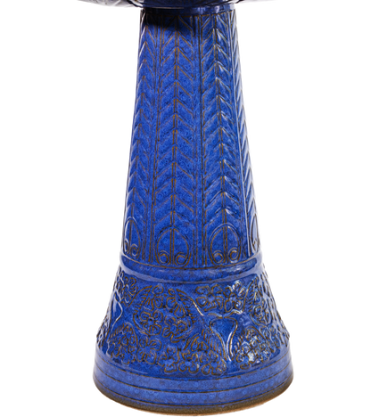 ceramic blue birdbath pedestal with birds flowers and a chevron design