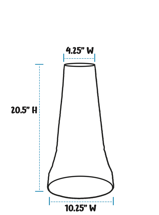 A simple line drawing of a birdbath pedestal on a white background, with blue dashed measurement guides and text showing width and height dimensions.