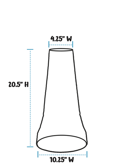 A simple line drawing of a birdbath pedestal on a white background, with blue dashed measurement guides and text showing width and height dimensions.