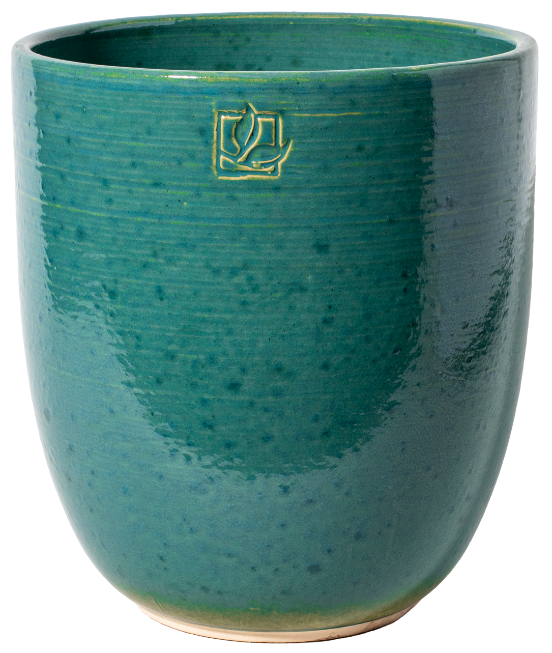 tall rounded turquoise ceramic planter with a leaf stamp