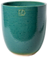 tall rounded turquoise ceramic planter with a leaf stamp