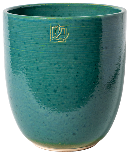 tall rounded turquoise ceramic planter with a leaf stamp