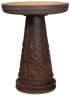 Decorative brown pedestal table with intricate iron works designs on a white background