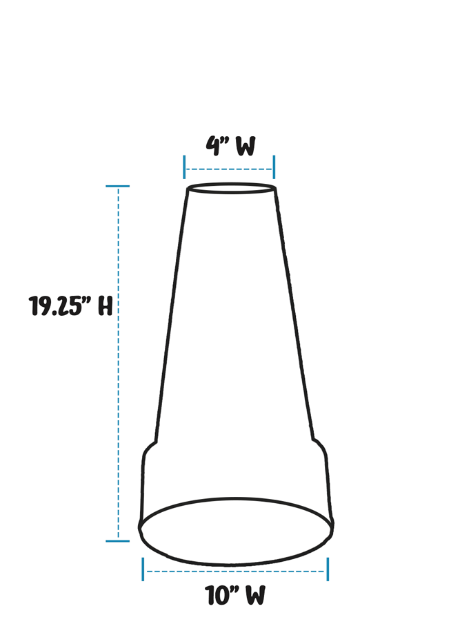 A simple line drawing of a birdbath pedestal with dimension labels showing 4" width at the top, 19.25" height, and 10" width at the base on a white background.