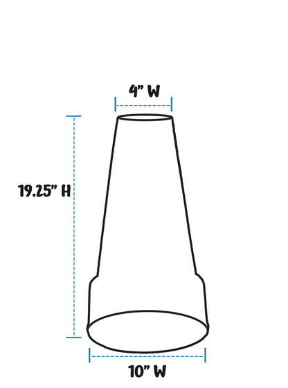 A simple line drawing of a birdbath pedestal with dimension labels showing 4" width at the top, 19.25" height, and 10" width at the base on a white background.