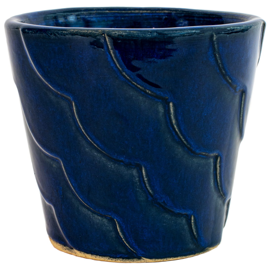small blue ceramic planter with ribbon design