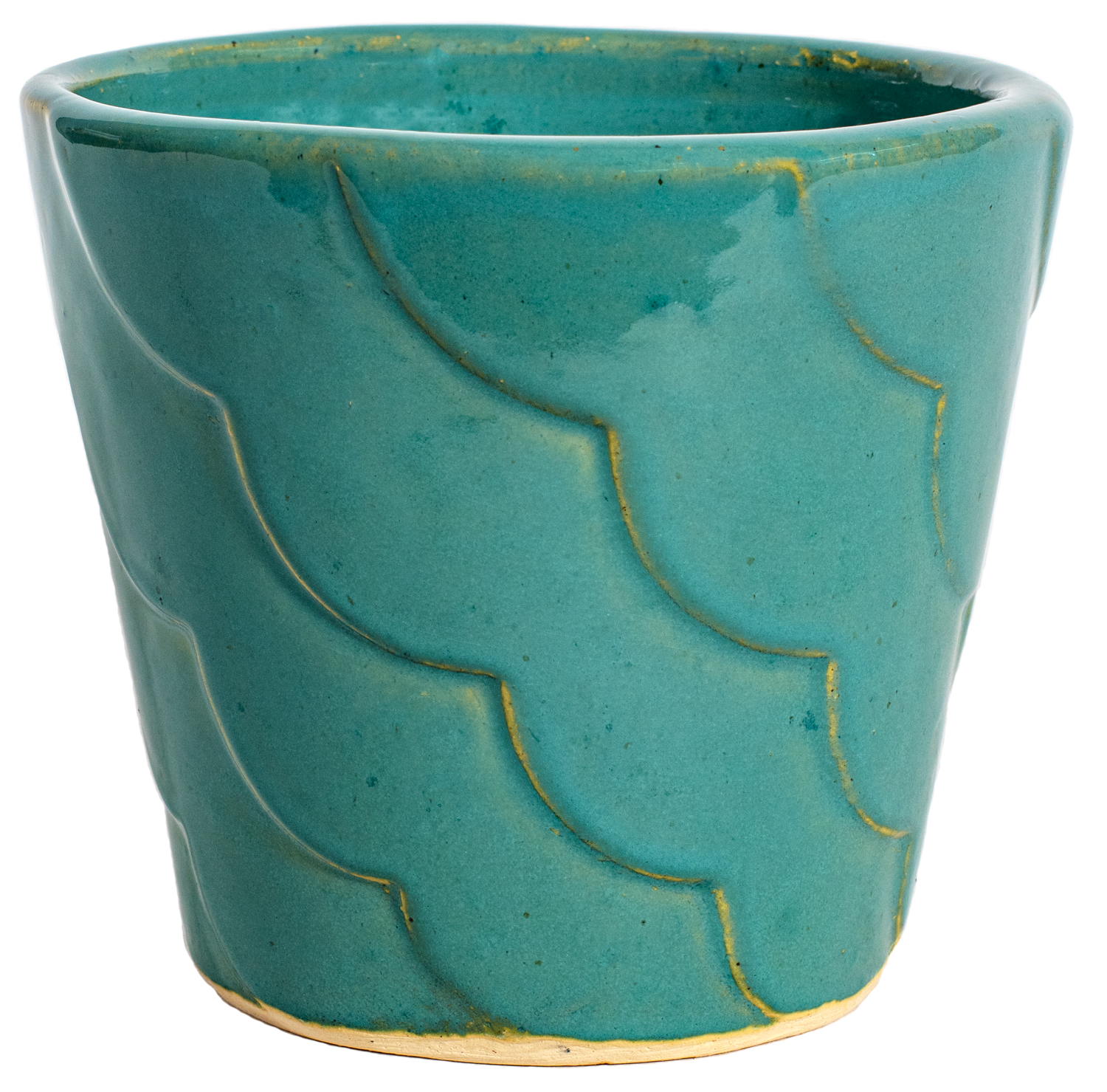 small turquoise ceramic planter with ribbon design