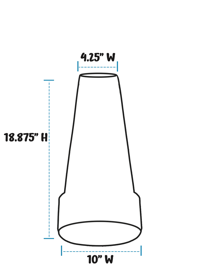 A simple line drawing of a birdbath pedestal with dimension labels: 4.25 inches width at the top, 10 inches width at the base, and 18.