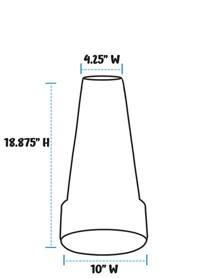 A simple line drawing of a birdbath pedestal with dimension labels: 4.25 inches width at the top, 10 inches width at the base, and 18.